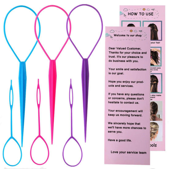 Picture of Aigee 6pcs Topsy Tail and Hair Loop Styling Tool Set - Ponytail Makers, French Braid Loops in Large and Small, Hair Pull Through Tools (Pink, Blue, Purple) for Women and Girls