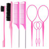 Picture of ZVOREI 8Pcs Hair Brushes Set with 4Pcs Topsy Hair Tail Tools 1Pcs Bristle Teasing Hair Brush 1Pcs Edge Control Brush 2Pcs Metal Pin Rat Tail Combs for Woman Girl Hair Styling,Edge&Back Brushing Pink