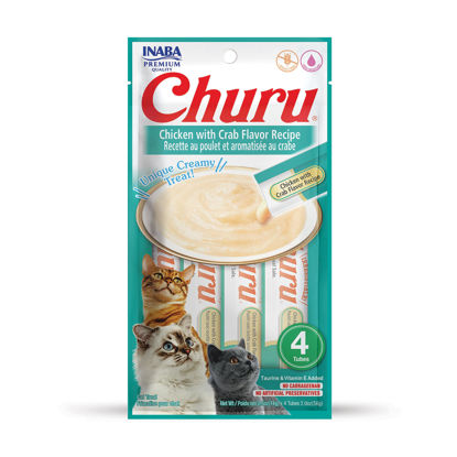 Picture of INABA Churu Cat Treats, Grain-Free, Lickable, Squeezable Creamy Purée Cat Treat/Topper with Vitamin E & Taurine, 0.5 Ounces Each Tube, 4 Tubes, Chicken with Crab Recipe