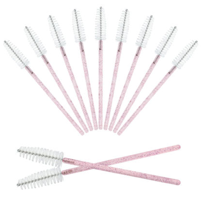 Picture of GCQQ 50PCS Crystal Mascara Wands, Disposable Eyelash Eyebrow Spoolie, Benable and Lightweight Eyelash Brush, Mascara Brushes for Makeup Eyelash Extensions (Pink+White)