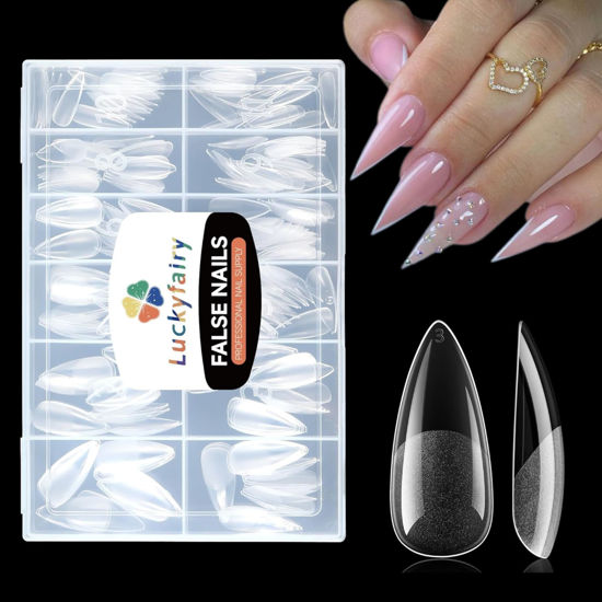 Picture of Luckyfairy Stiletto Nail Tips, 240 Pcs Pre-shaped Full Cover False Nails Acrylic Gel X Nail Tips Clear Press on Tips Pre-buffed Stiletto Nails, for Nail Art Extension Salon Home DIY 12 Sizes