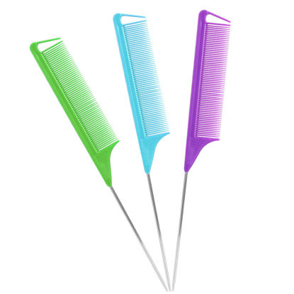 Picture of Rat Tail Teasing Combs Set: 3 Long Steel Pin Combs for Parting Hair - Salon Styling Combs for Women (Purple, Green, Blue)