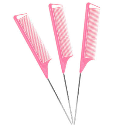 Picture of Rat Tail Combs Set - 3 Pack Long Steel Pin Combs for Hair Stylists, Parting and Teasing, Great for All Hair Types (Pink)