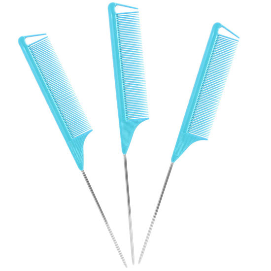 Picture of Long Steel Pin Rat Tail Combs Set: 3 Pieces Teasing Hair Combs for Salon Stylists - Includes Metal Parting Combs for Women (Blue)