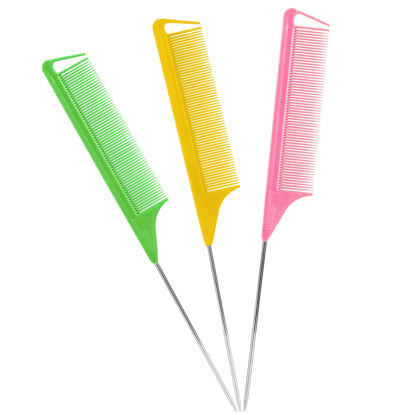 Picture of Rat Tail Combs Set: 3Pcs Long Steel Pin Teasing Combs, Hair Parting Combs for Salon Stylists, Metal Tail Combs for Women (Green, Yellow, Pink)