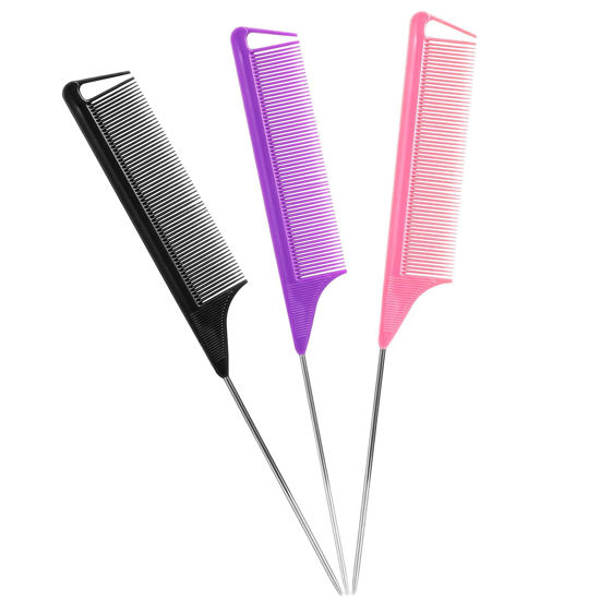 Picture of Rat Tail Combs Set: 3Pcs Long Steel Pin Teasing Combs for Salon Hair Stylists, Metal Parting Combs for Women (Purple, Black, Pink)