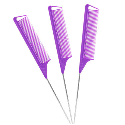 Picture of Rat Tail Steel Pin Teasing Combs Set: 3 Pack Hair Styling Combs for Parting and Teasing All Hair Types (Purple)