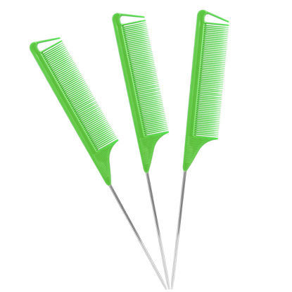 Picture of Rat Tail Combs Set: 3Pcs Steel Pin Teasing Combs for Hair Stylists, Parting Combs for Women (Green)