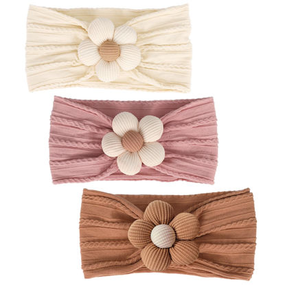 Picture of MIUXUESO 3 Pcs Baby Flower Headbands Baby Girls Nylon Headbands Soft Hairbands Hair Accessories for Newborn Infant Toddler Kids (Yellow,Pink,Brown)