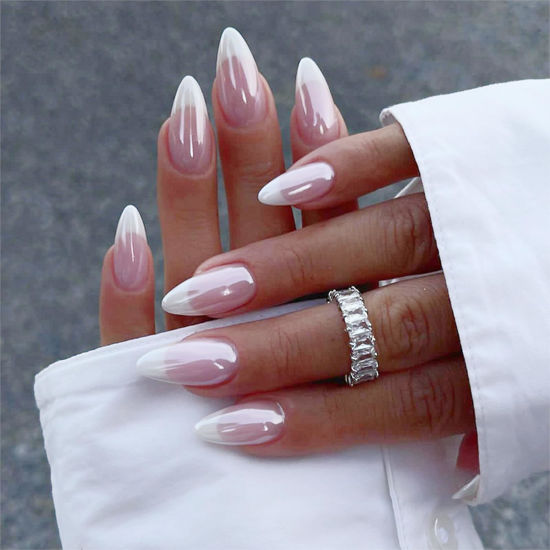 Picture of French Tip Press on Nails Medium Almond Fake Nails Press ons with Designs Chrome False Nails Long Glossy Full Cover Glue on Nails Cute Acrylic Stick on Nails for Women Nails Manicure Decoration 24Pcs