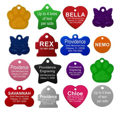 Picture of Providence Engraving Pet ID Tags - Small or Large Personalized Anodized Aluminum Pet Tags in Bone, Round, Star, Heart, Hydrant, Paw and Cat Face Shapes and 9 Colors for Dog and Cat