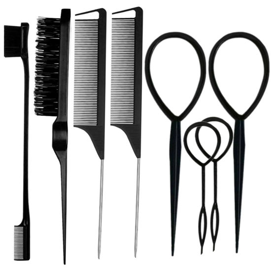 Picture of ZVOREI 8Pcs Black Hair Brushes Set with 4Pcs Topsy Tail Tools, Teasing Bristle Brush, Edge Control Brush, and 2Pcs Metal Pin Rat Tail Combs for Women's Hair Styling and Brushing