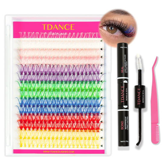 Picture of TDANCE DIY Lash Extension Kit 280 PCS Cluster Lashes Kit with 7 Mixed Colored Lash Clusters, Lash Bond and Seal, Lash Applicator for DIY Eyelash Extension Kit at Home(Kit-30D-Colored-16mm)