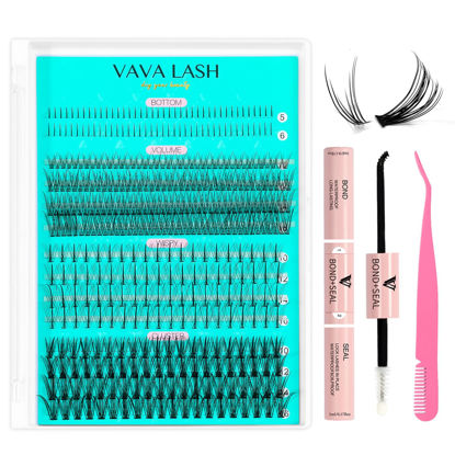 Picture of VAVALASH Natural Individual Lash Clusters Kit Multi-type Mixed DIY Eyelash Extension:Bottom Lashes, Volume Lashes, 7D Wispy Spikes Fans, 20D Clusters, Bond&Seal, Lash Tweezer DIY at Home (5-16mm, Kit)