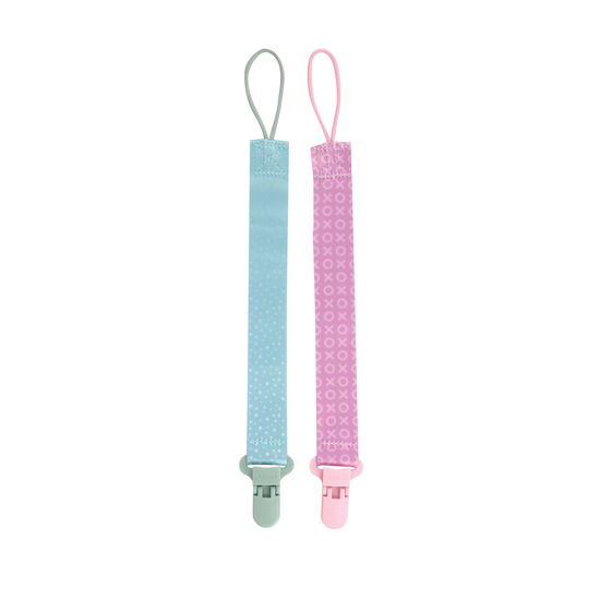 Picture of Nuby Pacifinder Pacifier Clip, 2 Pack Pacifier Holder for Girl, Green Dots and Pink XO