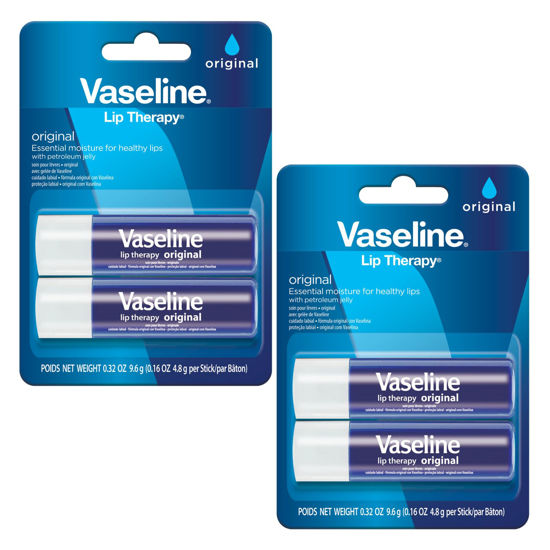 Picture of Vaseline Lip Therapy Care Original, Fast-Acting Nourishment, Ideal for Chapped, Dry, Cracked, or Damaged Lips, Lip Balm, 2-Pack of 2, 0.16 Oz Each, 4 Lip Balms