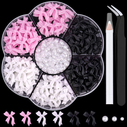 Picture of 1 Box 3D Bow Nail Charms and Flatback Pearls Set 11, 120 Pcs Pink White Black Cute Bow Charms for Nail Design + 2-4mm White Nail Pearls with Pickup Tweezer and Pencil for Nail Art Decoration