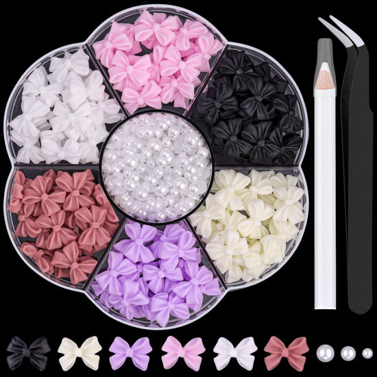 Picture of 1 Box 3D Bow Nail Charms and Flatback Pearls Set 6, 120 Pcs Cute Bow Charms in 6 Colors for Nail Design + 2-4mm White Nail Pearls with Pickup Tweezer and Pencil for Nail Art Decoration