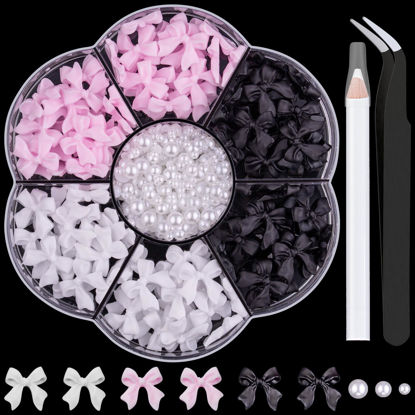 Picture of 1 Box 3D Bow Nail Charms and Flatback Pearls Set 4, 120 Pcs Cute Bow Charms for Nail Design + 2-4mm White Nail Pearls with Pickup Tweezer and Pencil for Nail Art Decoration