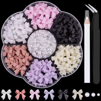 Picture of 1 Box 3D Bow Nail Charms and Flatback Pearls Set 1, 120 Pcs Cute Bow Charms in 6 Colors for Nail Design + 2-4mm White Nail Pearls with Pickup Tweezer and Pencil for Nail Art Decoration