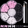 Picture of 1 Box 3D Bow Nail Charms and Flatback Pearls Set 9, 120 Pcs Cute Bow Charms in 3 Colors for Nail Design + 2-4mm White Nail Pearls with Pickup Tweezer and Pencil for Nail Art Decoration