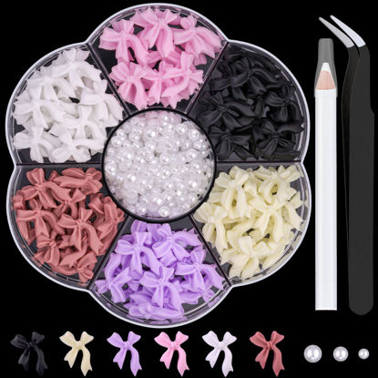 Picture of 1 Box 3D Bow Nail Charms and Flatback Pearls Set 7, 120 Pcs Cute Bow Charms in 6 Colors for Nail Design + 2-4mm White Nail Pearls with Pickup Tweezer and Pencil for Nail Art Decoration