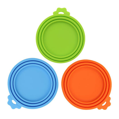 Picture of SHENGQIDZ 3 Pack Pet Food Can Covers Universal Can Lids Safe/Silicone Dog&Cat Food Can Lid Covers (green+blue+orange)