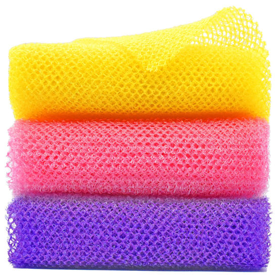 Picture of 3 Piece African Exfoliating Net for Body, African Net Sponge, African Wash Net, African Shower Net, African Bath Sponge Scrubbing Rag Net Exfoliation, African Body Scrubber (Yellow,Pink,Purple)