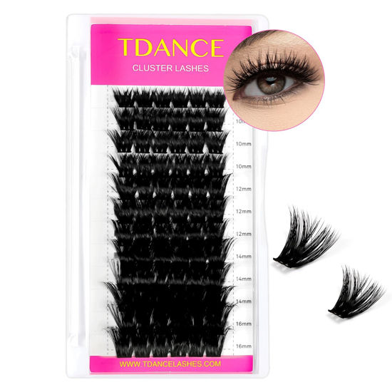 Picture of TDANCE Fluffy Volume Lash Clusters DIY Eyelash Extensions 72 Pcs Cluster Lashes C D Curl Individual Lashes Cluster 8-16mm Length Thin Band Reusable Soft Lash Extensions at Home(T19-D,8-16mm-Fluffy)