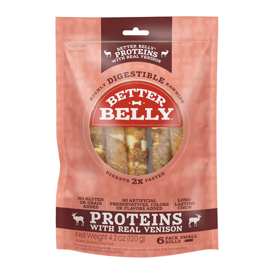 Picture of Better Belly Proteins with Real Venison Small Rolls 6 Count, Digestible Rawhide for Dogs, 4.2 OZ