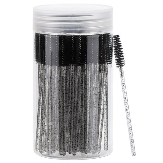 Picture of 100 Pcs Disposable Mascara Wands, Crystal Eyebrow Spoolies Brush for Eyelash Extensions, Black Lash Brushes with Container