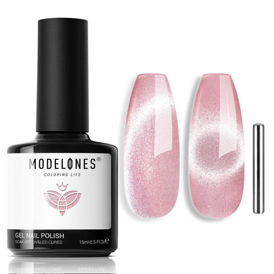 Picture of modelones Cat Eye Gel Nail Polish, 15 ML Pink Cat Eye Gel Nail Polish with Magnet Pink Velvet Gel Nail Polish Silver Shimmer Soak Off Reflective Translucent Gel Magnetic Nail Polish for Women Girl