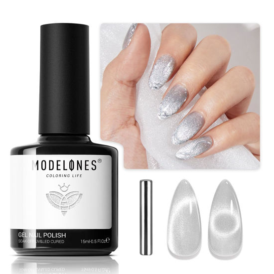 Picture of Modelones Cat Eye Gel Nail Polish, 15 ML Glitter Holographic Nail Polish with Magnet Soak Off U V LED Nail Lamp Silver Shimmer Gel Nail Polish Nail Art Manicure Salon DIY Home