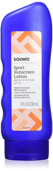 Picture of Amazon Brand - Solimo Sport Sunscreen Lotion, SPF 30, Formulated without Octinoxate & Oxybenzone, Broad Spectrum UVA/UVB Protection, unscented, 8 fl oz (Pack of 1)