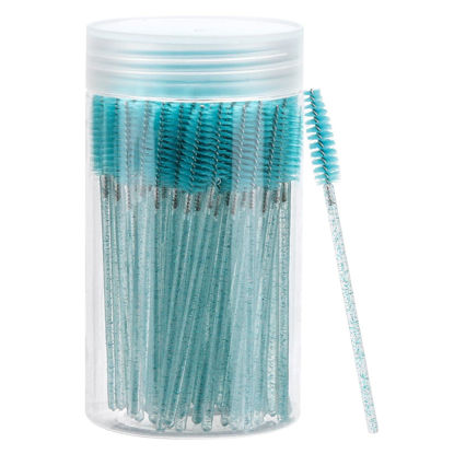 Picture of 100 Pcs Disposable Mascara Wands, Crystal Eyebrow Spoolies Brush for Eyelash Extensions, Lash Brushes with Container (Blue)