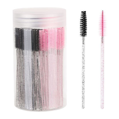 Picture of 100PCS Disposable Eyelash Brush, Mascara Wands with Container Makeup Brushes Applicators Kits, Eyebrow Spoolies Brush for Eyelash Extensions(Pink,Black)