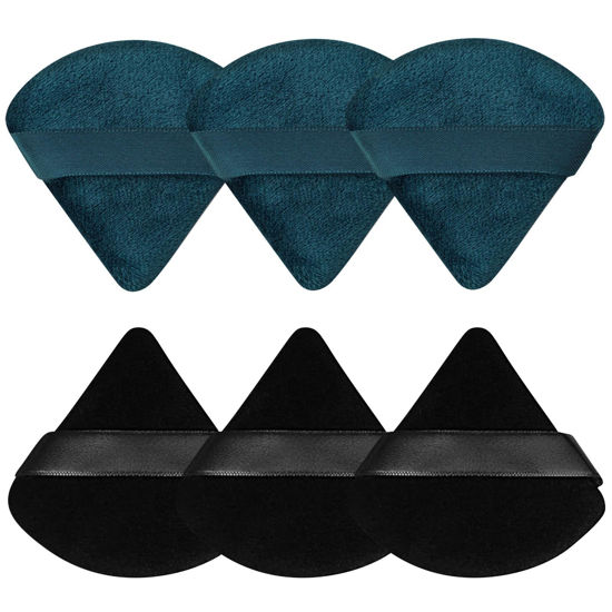 Picture of Pimoys 6 Pieces Powder Puff Face Triangle Makeup Puff for Loose Powder Setting Powder Soft Foundation Sponge Makeup Blender Sponge Beauty Makeup Tool, Black and Peacock Blue