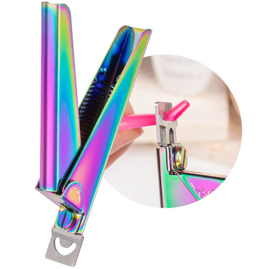 Picture of Nail Clippers for Acrylic Nails, Chameleon Premium Metal Acrylic Nail Clippers, Stainless Steel Rainbow Color Trimmer, False Fake Nail Tips French Shape Acrylic Nail Cutter for Salon Home Manicure