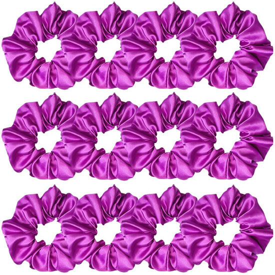 Picture of 12 Pcs Satin Silk Scrunchies Hair Ties, Fashion Hair Bands, Bow Ropes, Elastic Bracelets, Ponytail Holders for Women and Girls (4.5 Inch, Pink Purple)