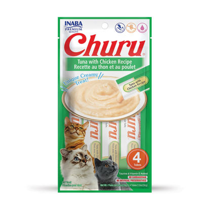 Picture of INABA Churu Cat Treats, Grain-Free, Lickable, Squeezable Creamy Purée Cat Treat/Topper with Vitamin E & Taurine, 0.5 Ounces Each Tube, 4 Tubes, Tuna with Chicken Recipe