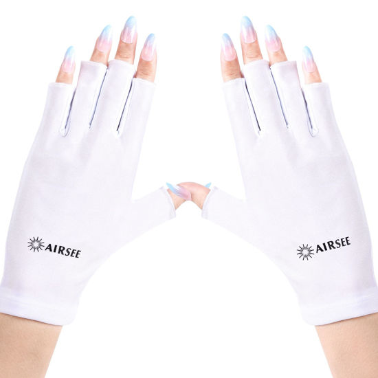 Picture of AIRSEE UV Gloves for Nail Lamp,Professional UPF50+ UV Protection Gloves for Manicures Nail Art,Fingerless Gloves That Shield Skin from The Sun and Nail Lamp (White)