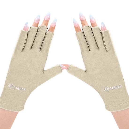 Picture of AIRSEE UV Gloves for Nail Lamp,Professional UPF50+ UV Protection Gloves for Manicures Nail Art,Fingerless Gloves That Shield Skin from The Sun and Nail Lamp (Nude)