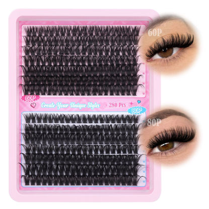 Picture of ALICE Eyelash Extensions Lash Clusters 280pcs 10-18MM Wispy Individual Lashes Fluffy Volume Mix 60D 80D D Curl Lash Extensions Self Application at Home