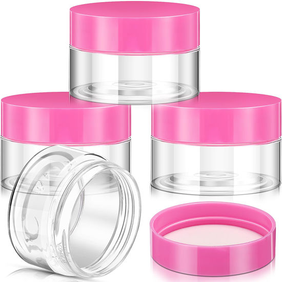 Picture of Patelai 4 Pieces Round Clear Wide-mouth Leak Proof Plastic Container Jars with Lids for Travel Storage Makeup Beauty Products Face Creams Oils Salves Ointments DIY Making or Others (Pink,1 Ounce)