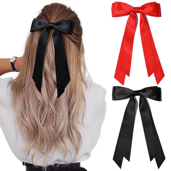 Picture of 2PCS Silky Satin Hair Bows Hair Clip Black Red Hair Ribbon Ponytail Holder Accessories Slides Metal Clips Hair Bow for Women Girls Toddlers Teens Kids