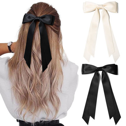 Picture of 2PCS Silky Satin Hair Bows Hair Clip Beige Black Hair Ribbon Ponytail Holder Accessories Slides Metal Clips Hair Bow for Women Girls Toddlers Teens Kids