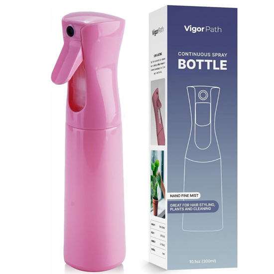 Picture of VIGOR PATH Continuous Spray Bottle with Ultra Fine Mist - Versatile Water Sprayer for Hair, Home Cleaning, Salons, Plants, Aromatherapy, and More - Empty Hair Spray Bottle - 300ml/10.1oz (Pink)