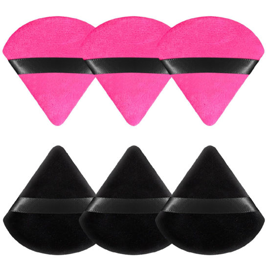 Picture of Pimoys 6 Pieces Powder Puff Face Soft Triangle Makeup Puff for Loose Powder Setting Powder, Velour Foundation Blender Sponge Beauty Makeup Tools (Black, Rose Red)