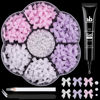 Picture of 120 Pcs 3D Nail Bow Charms + 2-4mm Nail Pearls Set 3, Pink White Lilac Bow Nail Charms and White Flatback Pearls with Nail Charm Glue Gel(UV Needed) and Pickup Tools for Nail Art Decoration