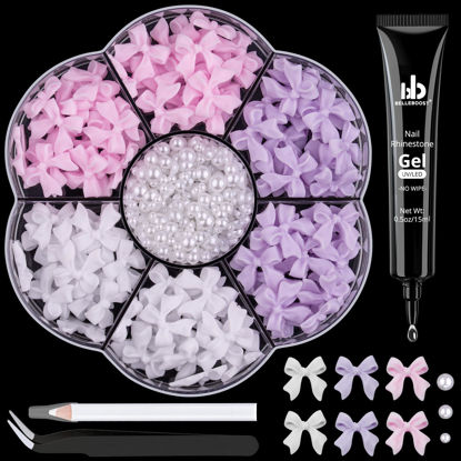 Picture of 120 Pcs 3D Nail Bow Charms + 2-4mm Nail Pearls Set 3, Pink White Lilac Bow Nail Charms and White Flatback Pearls with Nail Charm Glue Gel(UV Needed) and Pickup Tools for Nail Art Decoration